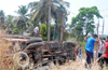 Watermelon lorry  topples; one injured, people make merry